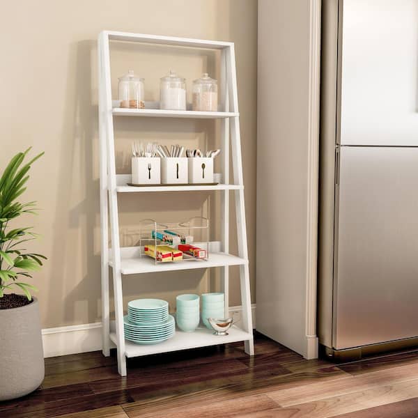 Lavish Home 55.25 in. White Wood 4-Shelf Ladder Bookcase with Open