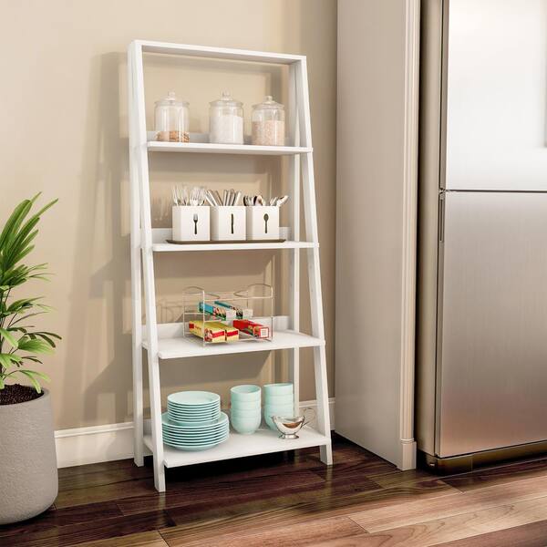 55.25 in. Freestanding Ladder Bookshelf with X-Back Frame, 4-Tier Leaning Wood Bookcase for Home or Office, White
