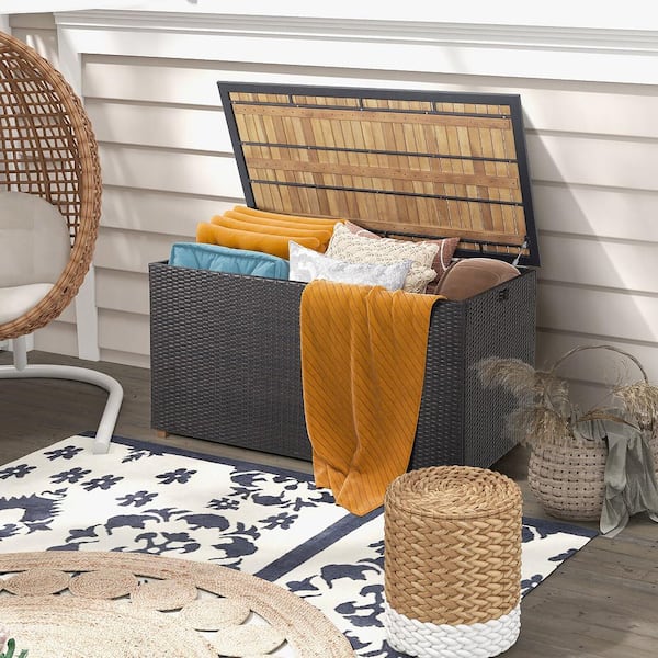 134 Gal. Patio Wicker Storage Deck Box with Solid Acacia Wood Backyard