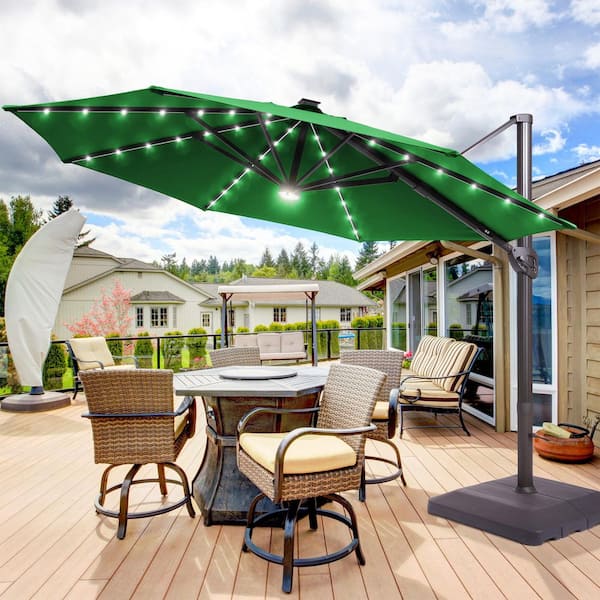 11 ft. Solar LED Round Aluminum Cantilever Outdoor Patio Umbrellas with Base Stand in Kelly Green