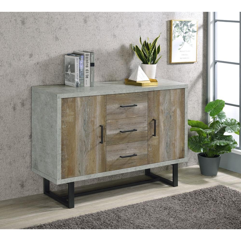 Gray and Weathered Oak 3-Drawer Accent Cabinet with Adjustable Shelving