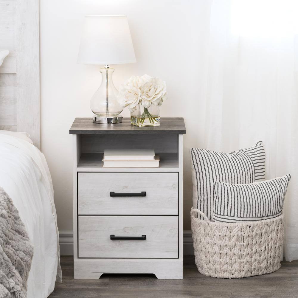Washed White 2-Drawer Nightstand with Open Cubby and Gray Top