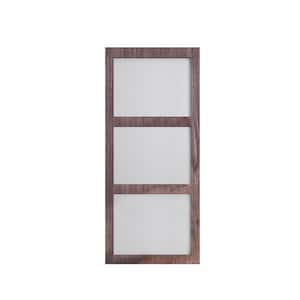 36 in. x 84 in. Three Pane Frosted Glass Full Lite Dark Walnut Assembled Solid Natural Pine Wood Barn Door Slab w/ Frame