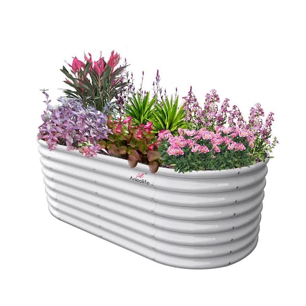 8 ft. L x 4 ft. W x 2 ft. H Outdoor White Galvanized Raised Steel Garden Bed Oval Above Ground Modular Planter Boxes