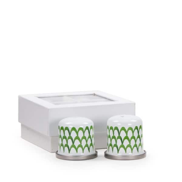Golden Rabbit Green Scallops Enamelware Salt and Pepper Shakers (Set of 2)
