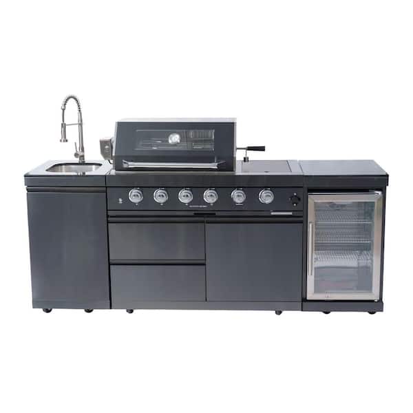 46 in. Black 4-Burner Propane Grill Island Outdoor Kitchen with Rotisserie Refrigerator Sink Storage in Stainless Steel.