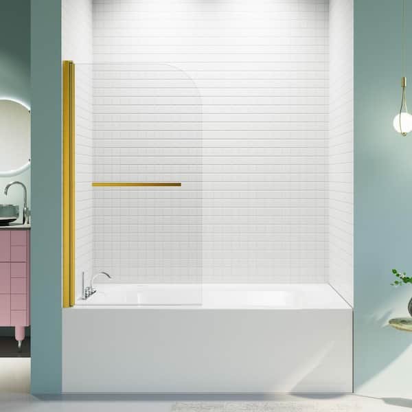 Coporesell 31 in. W x 55 in. H Pivot Frameless Tub Door in Brushed Gold with Clear Glass