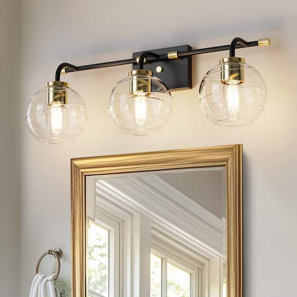YANSUN 25 in. 3-Light Black Vanity Light with Globe Clear Glass Shades for Bathroom, Mirror, Living Room