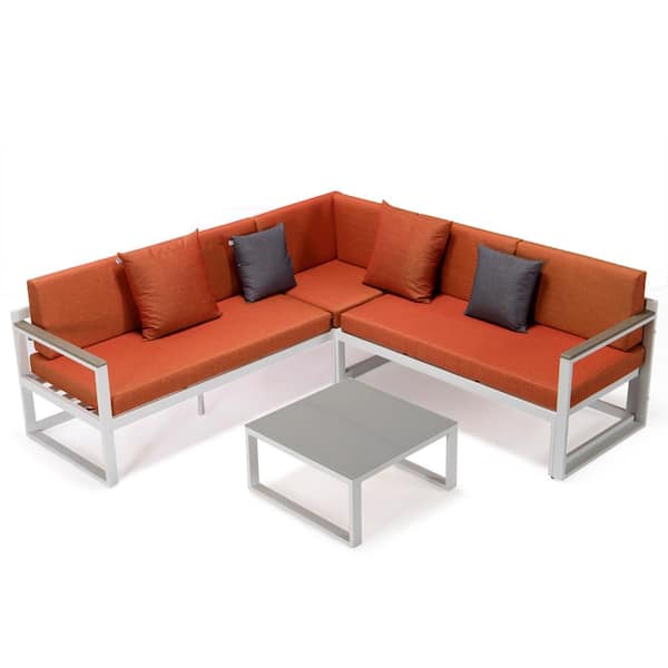 Leisuremod Chelsea White 3-Piece Metal Outdoor Sectional with Orange Cushions