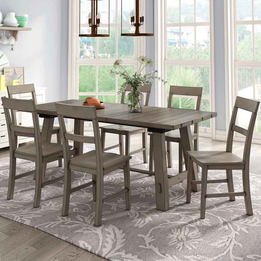 Qualler Gray 7-Piece Wood Top Extendable Dining Table with 6 Wood ...