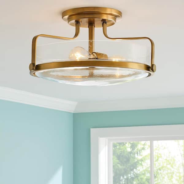 Hinkley Harper Large Semi-Flush Ceiling Light, Heritage Brass + Clear Seedy Glass