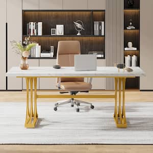 Moronia 63 in. Modern Rectangular White, Gold Wood Computer Desk with Gold Metal Double Pedestal for Home Office Table