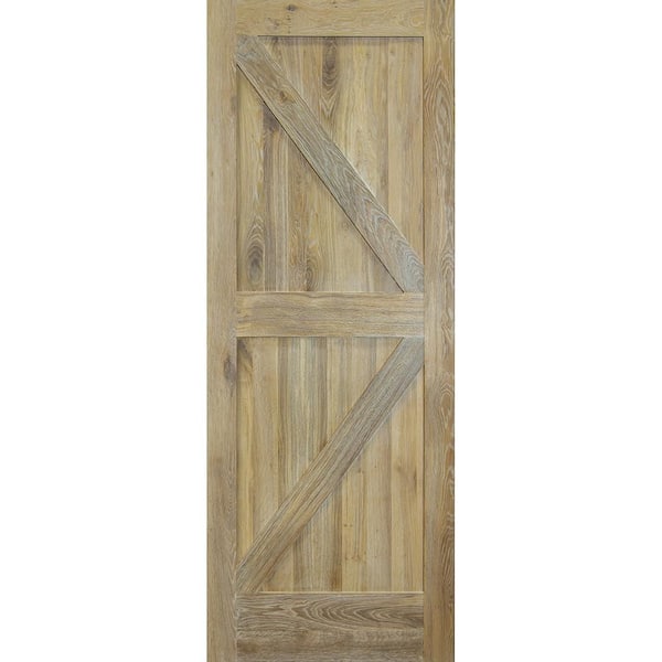Steves & Sons 42 in. x 84 in. 2 Panel K-Frame Clear Coat Finish White Oak Wood Sliding Barn Door with Hardware Kit