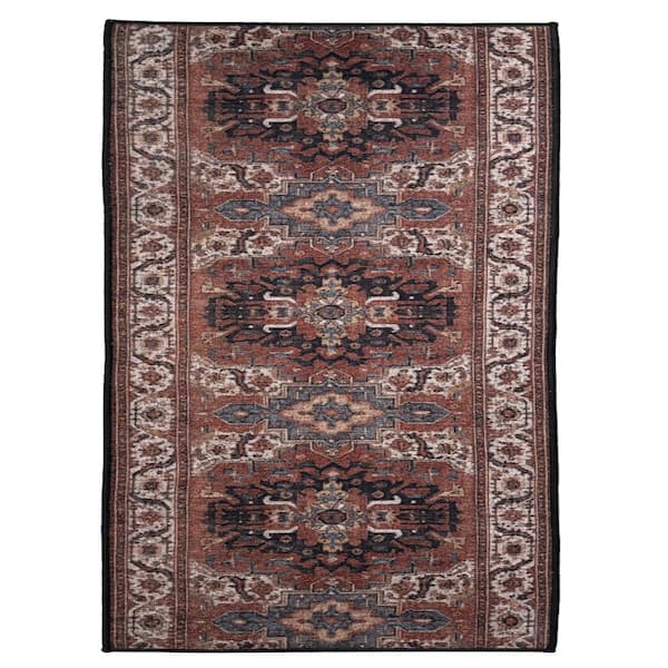 Runner Rug 2 ft. 2 in. x 6 ft. Reddish Brown Medallion Design Low-Pile Non-Slip Hallway Kitchen Runner Rug