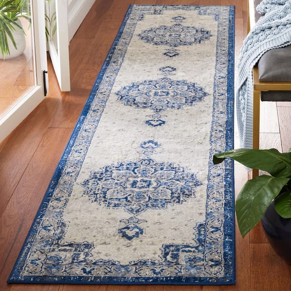Brentwood 2 ft. x 9 ft. Blue/Ivory Ornate Medallion Runner Rug