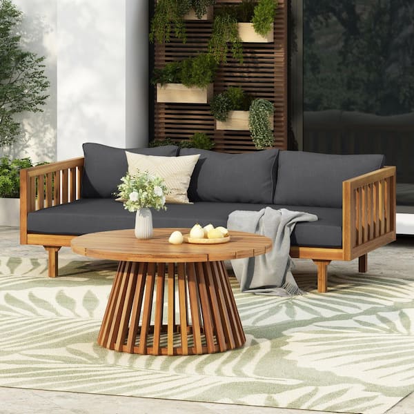 2-Piece Teak Brown Acacia Wood Patio Conversation Set with Dark Gray Cushions