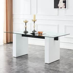 Modern Rectangle White Glass 62.8 in.Pedestal Dining Table Seats for 6