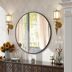 35.4 in. W x 35.4 in. H Large Round Metal Framed Wall Bathroom Vanity Mirror Black