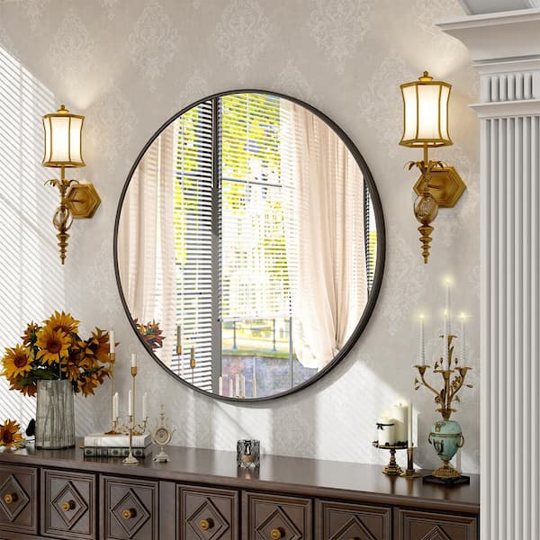GLSLAND 35.4 in. W x 35.4 in. H Large Round Metal Framed Wall Bathroom Vanity Mirror Black