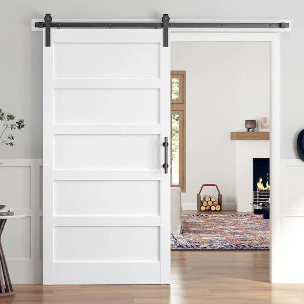 easelife 42 in. x 84 in. 5-Panel Solid MDF White Finished Interior Sliding Barn Door with Hardware Kit