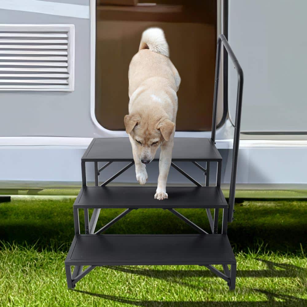 Black Carbon Steel 3-Step RV Stairs with Handrail