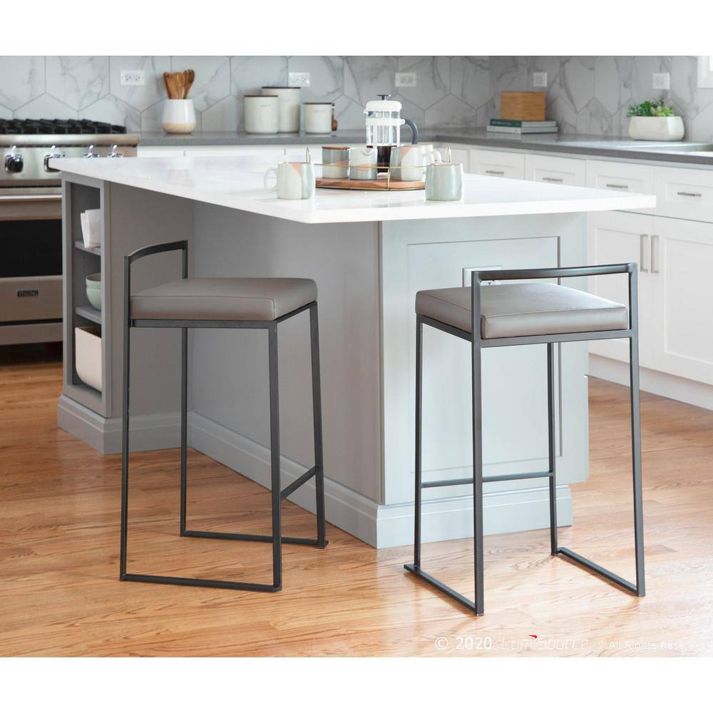 Black Metal and Wood Counter Stool with Grey Faux Leather Cushion