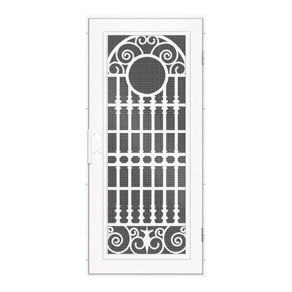 Unique Home Designs 32 in. x 80 in. Spaniard White Left-Hand Surface Mount Aluminum Security Door with Black Perforated Metal Screen