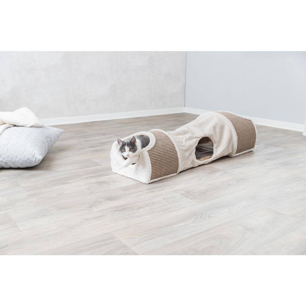 Cream and Brown Sisal Cat Tunnel with Plush Condos