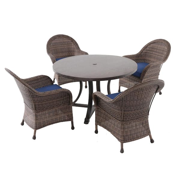 Unbranded Woodington Brown 5-Piece Wicker Outdoor Dining Set with Navy Cushions
