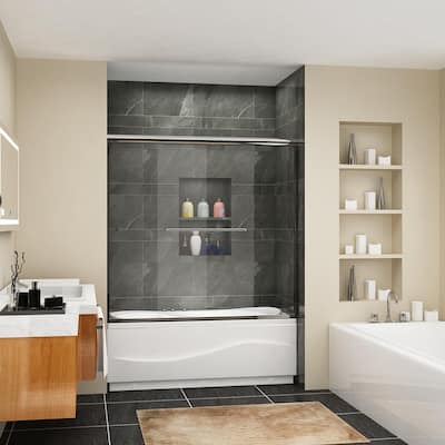 60 in. W x 57.4 in. H Sliding Semi Frameless Tub Door in Stainless Steel Chrome with Clear Glass