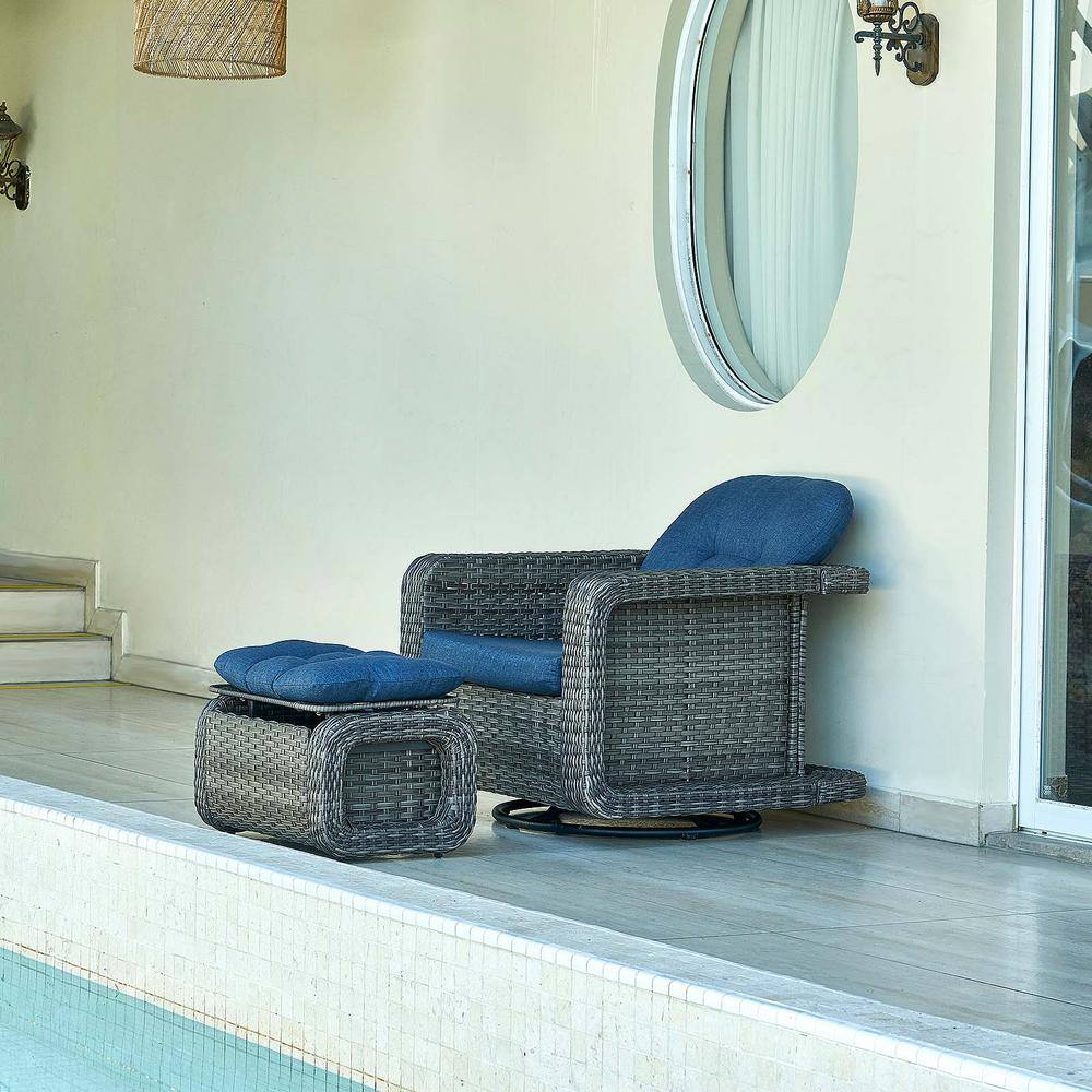 Glider Swivel Rocker Chair with Ottoman-2-Piece Gray Wicker Set, Outdoor Bi