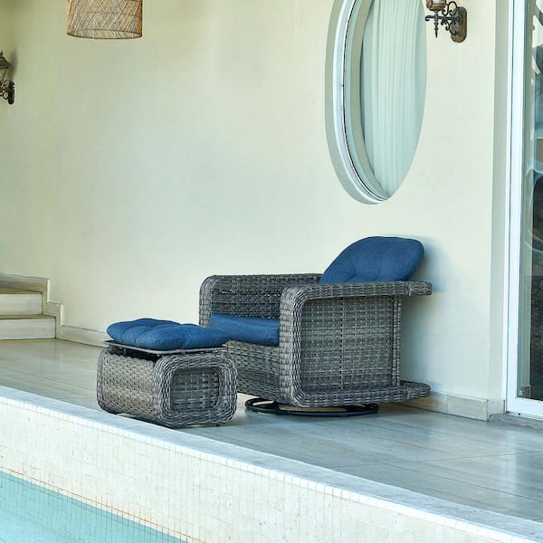 Unbranded Glider Swivel Rocker Chair with Ottoman-2-Piece Gray Wicker Set, Outdoor Bistro /Patio/Balcony Set with Blue Cushions