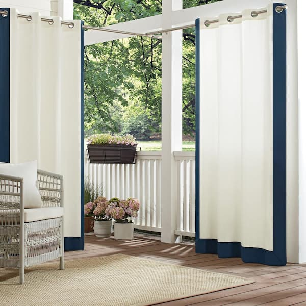 Waverly Hampton Blue Border Pattern Polyester 52 in. W x 95 in. L Light Filtering Single Outdoor Grommet Panel
