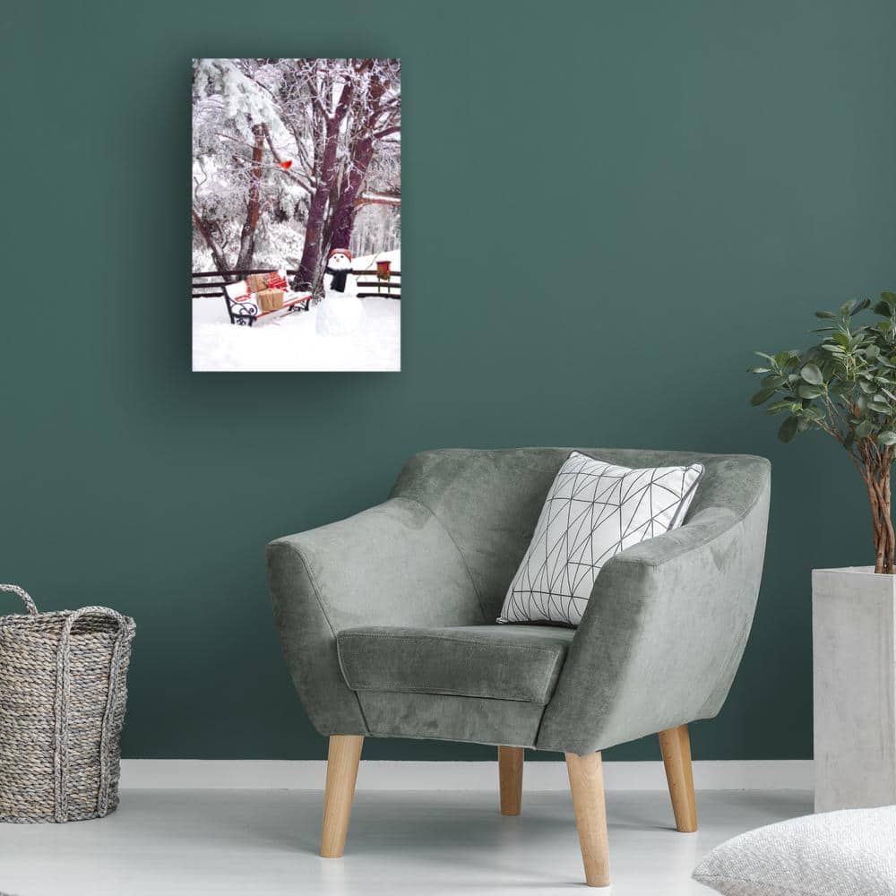 Winter Wonderland Snowy Bench and Snowman Canvas Print