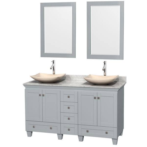 Wyndham Collection Acclaim 60 in. W x 22 in. D Vanity in Oyster Gray with Marble Vanity Top in Carrera White with Ivory Basins and Mirrors