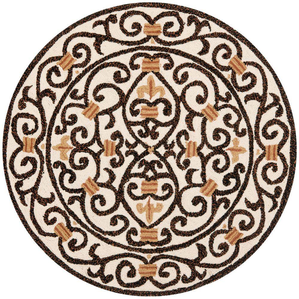 SAFAVIEH Chelsea Ivory/Dark Brown 3 ft. x 3 ft. Round Border Area Rug 100% pure virgin wool pile, hand-hooked to a durable cotton backing. American Country and turn-of-the-century European designs. This collection is handmade in China exclusively for Safavieh. This is a great addition to your home whether in the country side or busy city. Color: Ivory/Dark Brown.
