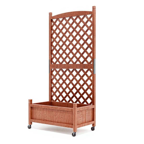 Garvee 29.5 in. x 13 in. x 61.4 in. Wooden Raised Garden Bed with Adjustable Trellis and Wheels in Brown for Climbing Plants