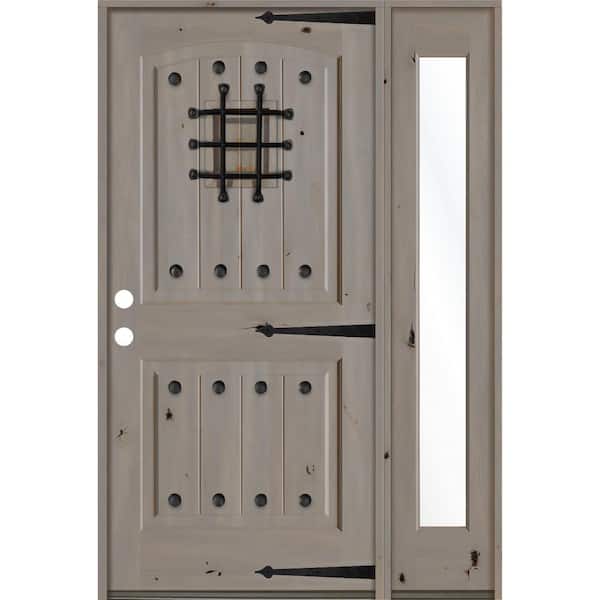 Krosswood Doors 56 in. x 80 in. Mediterranean Knotty Alder Right-Hand/Inswing Clear Glass Grey Stain Wood Prehung Front Door w/RFSL