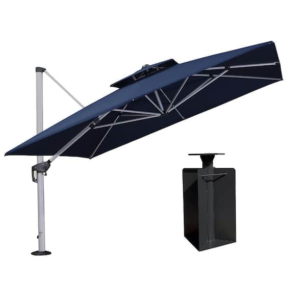PURPLE LEAF 11 ft. Square High-Quality Aluminum Cantilever Polyester Outdoor Patio Umbrella with Base in Ground, Navy Blue