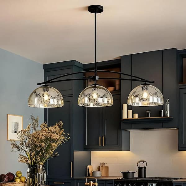 Farmhouse 45.3 in.W 3-Light Island Pendant Light, Modern Black Pendant Light for Dining Room with Dome Mercury Glass