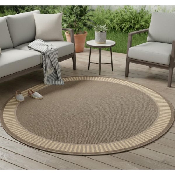 Recife Wicker Stitch Brown-Tan 8 ft. x 8 ft. Flatwoven Solid Round Indoor/Outdoor Area Rug