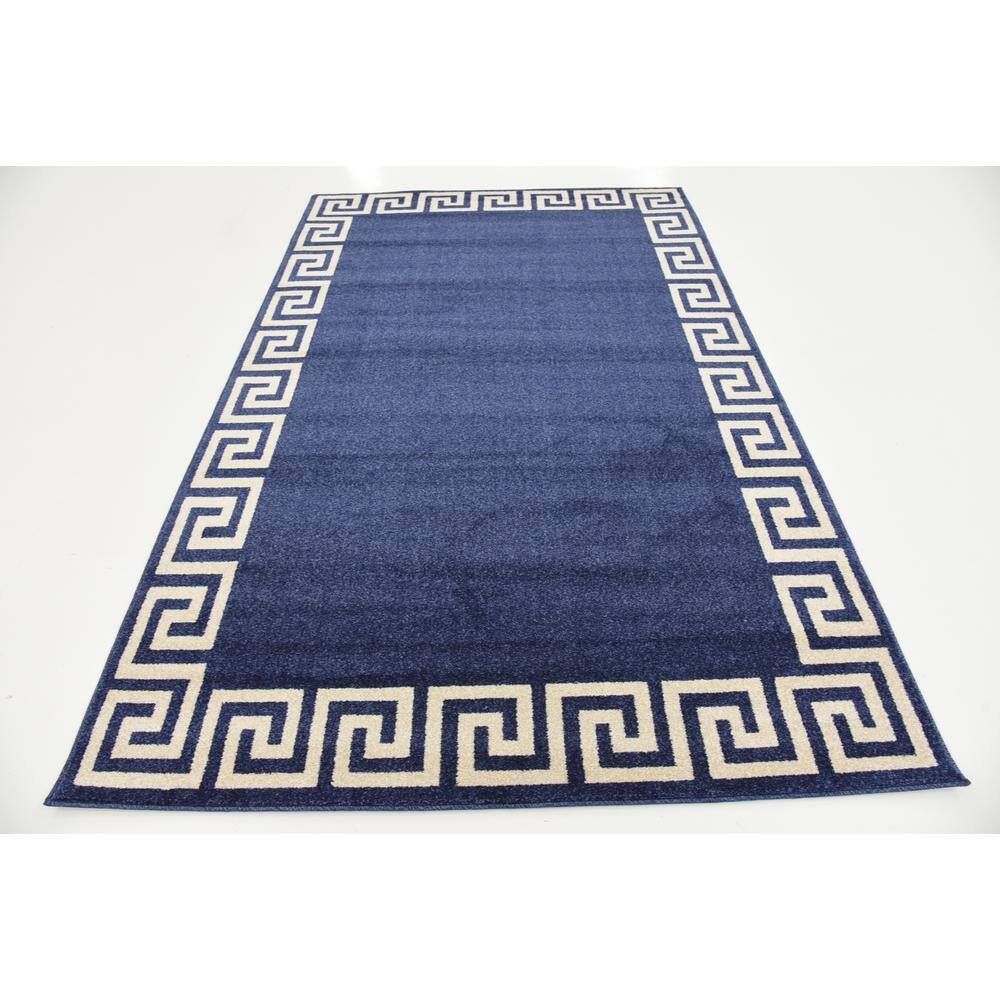 Navy and Beige Geometric Border 5' x 7' Synthetic Area Rug