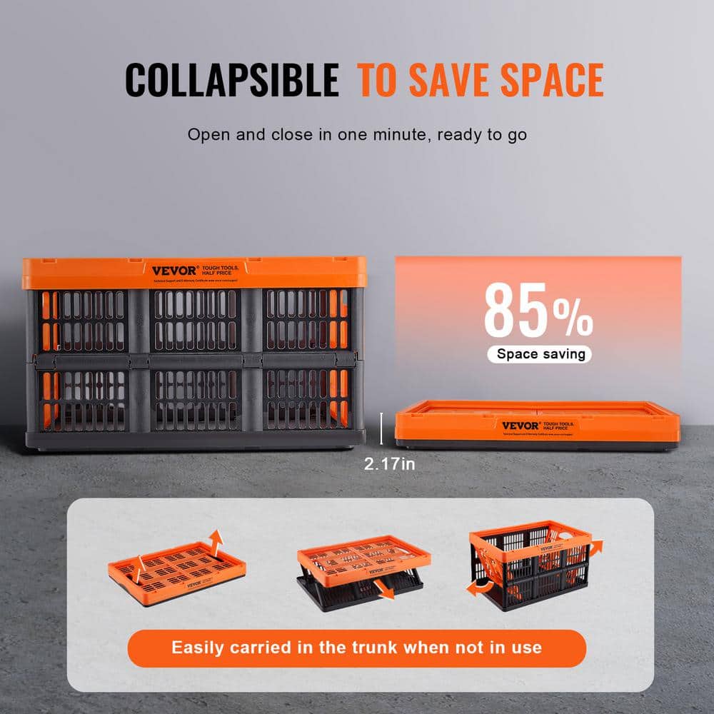 VEVOR 45L Orange and Black Collapsible Plastic Crate