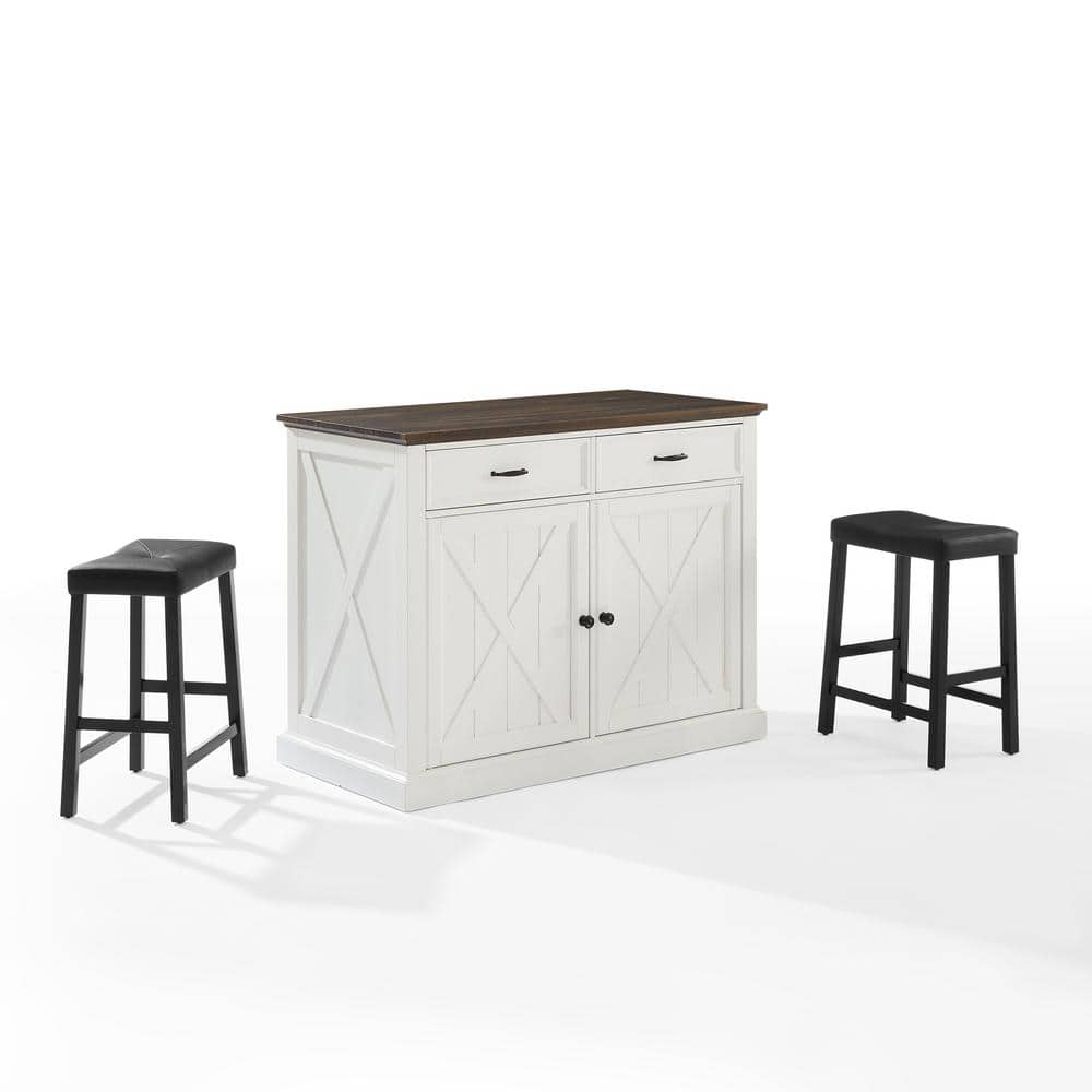 Distressed White Kitchen Island with Black Stools