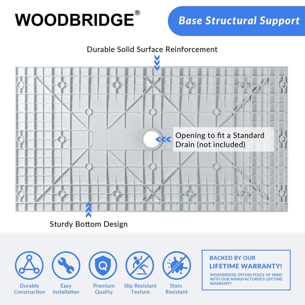 White Solid Surface Low-Profile Curbless Shower Base 60 x 36