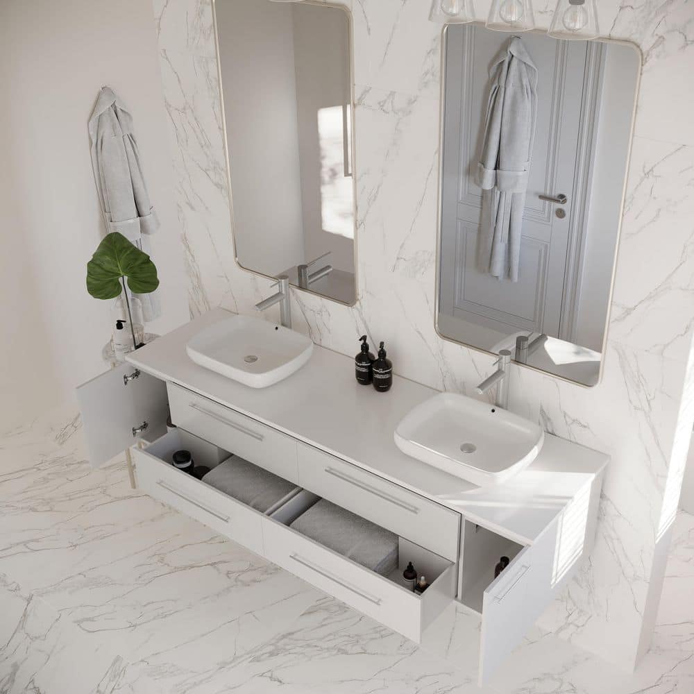 Elegant 72" White Quartz Top Double Vessel Sink Wall-Mount Vanity