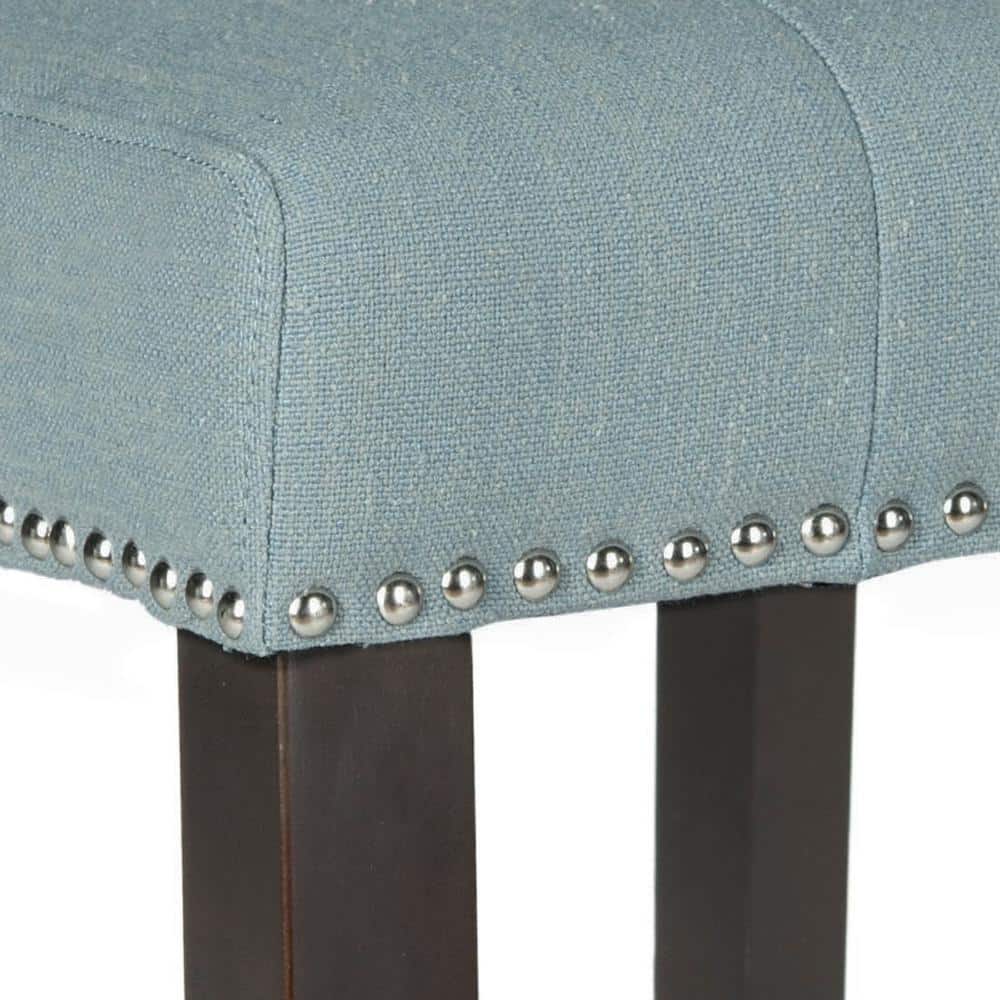 Transitional Sky Blue Leather & Metal Counter Stool with Silver Nailheads