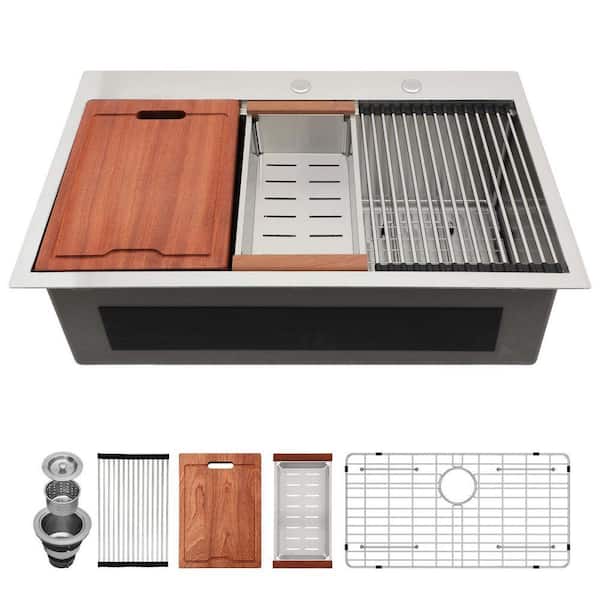 33 in. Drop in Workstation Sink Single Bowl 16-Gauge Brushed Stainless Steel Kitchen Sink with Accessories