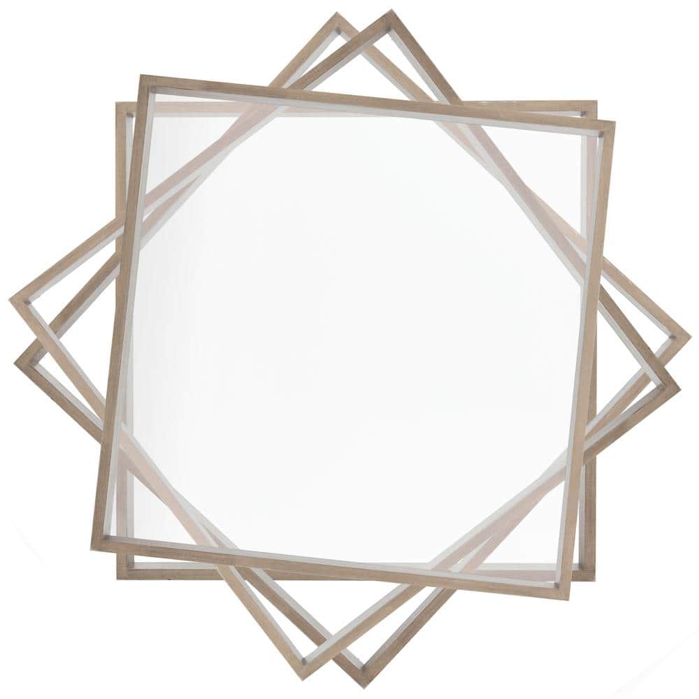 Transitional Geometric 34" Square Wood and Glass Coffee Table in Beige
