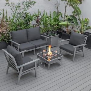 Walbrooke Grey 5-Piece Aluminum Square Patio Fire Pit Set with Charcoal Cushions, Slats Design, Tank Holder